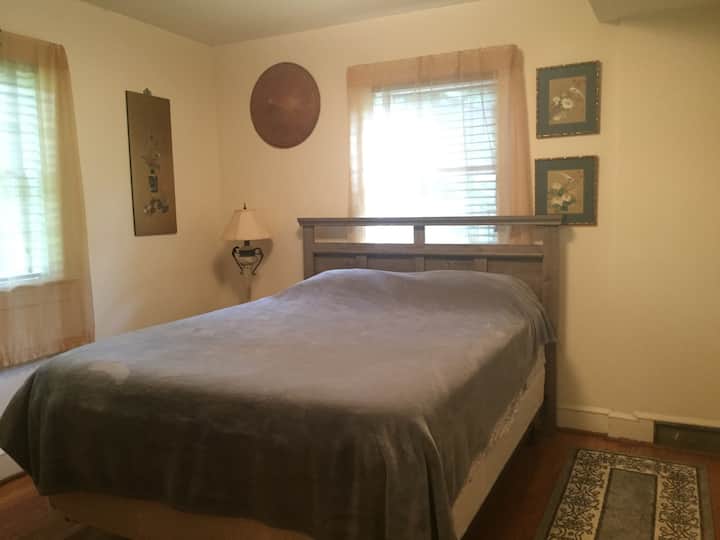 Queen bed with super comfortable memory foam top.