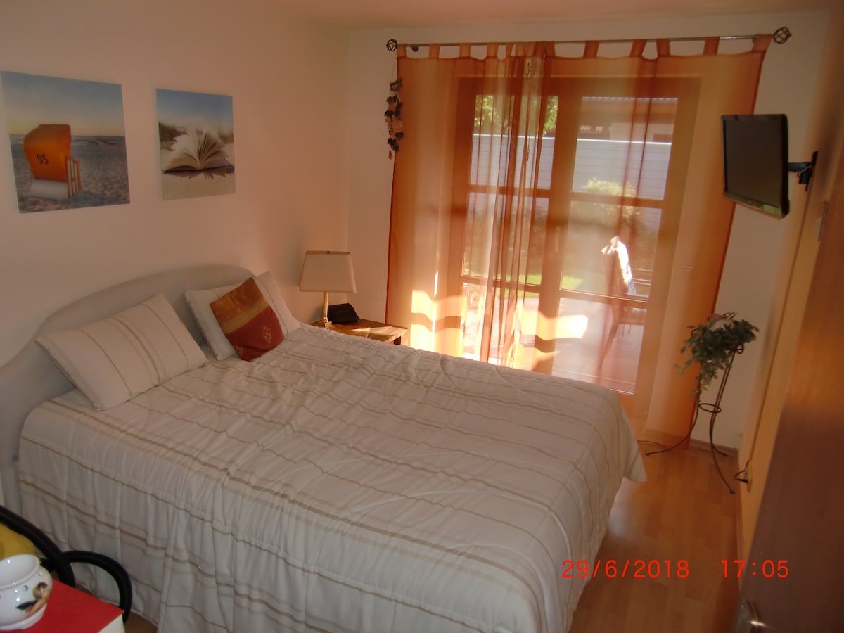 A bright bedroom features a spacious bed with neutral-colored bedding, framed by warm-toned sheer curtains. Two art pieces hang on the wall, complemented by a bedside lamp and a small television. Natural light flows in through the windows, enhancing the serene environment.