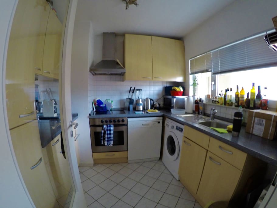 Kitchen with dish washer and washing machine, fridge and freezer