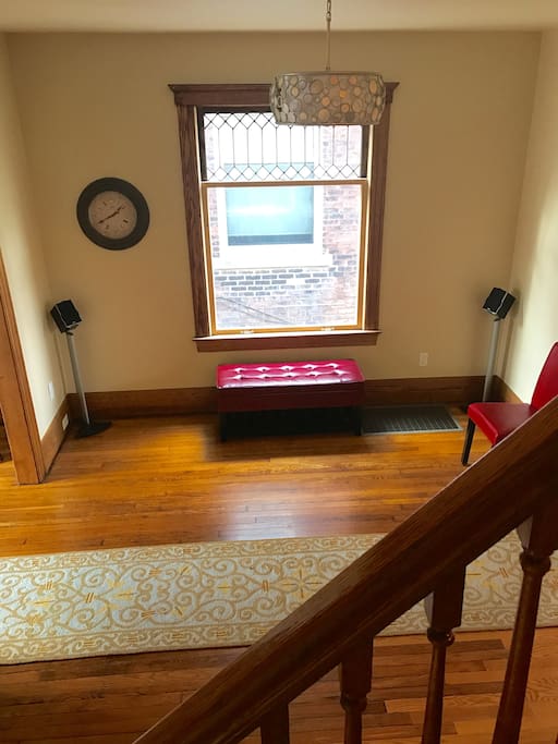 Parlor room, lead glass windows and warm West light. Dining room table coming soon!