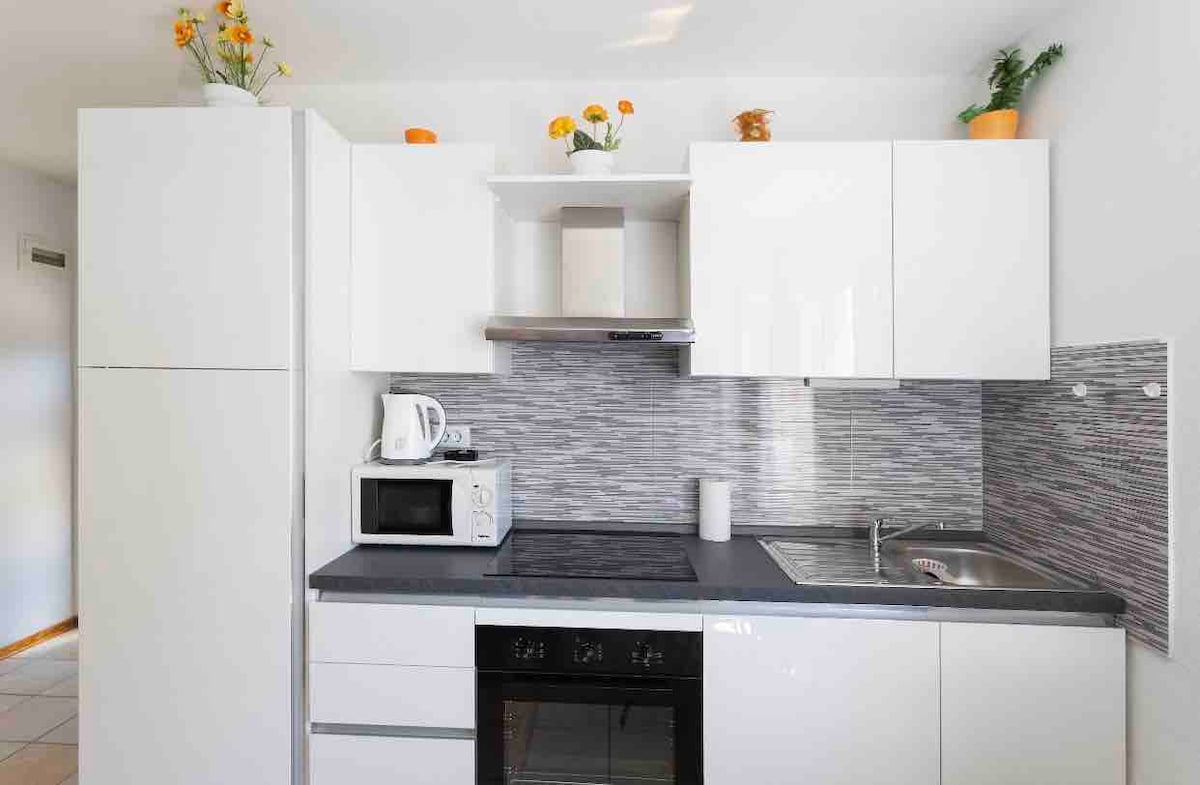 A modern kitchen is visible, featuring white cabinetry and a gray countertop. Stainless steel appliances include a refrigerator, microwave, and stove. A small sink is situated beside the stove, with decorative potted plants adding a touch of color to the space.