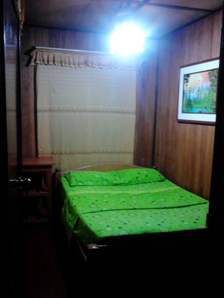 A small, intimate sleeping area features a spacious bed covered with a green patterned blanket. Wooden walls create a warm ambiance, and soft lighting highlights the cozy atmosphere. A simple bedside table is positioned next to the bed, and natural light filters through the curtained window.