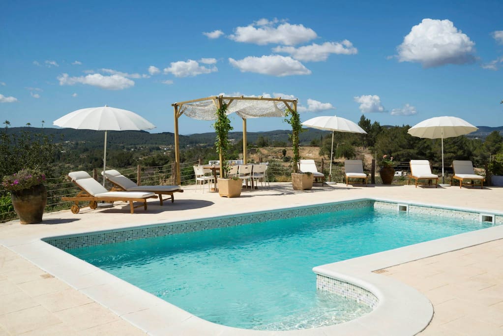 South facing pool terrace with glorious views across Ibiza.