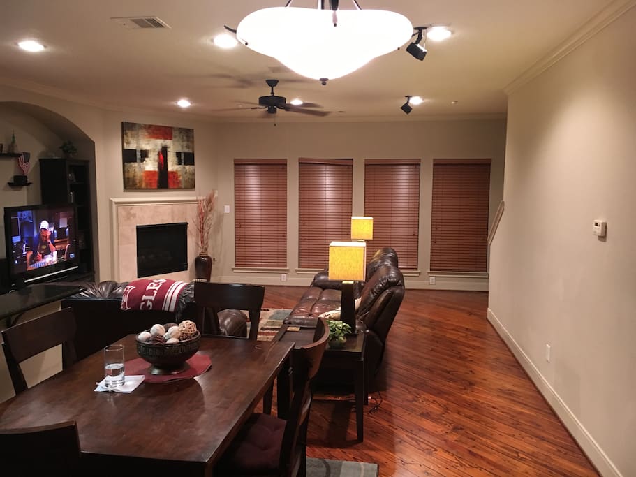 Living room with open floor plan. Can sleep 2-3 people. Couch and air mattress available.