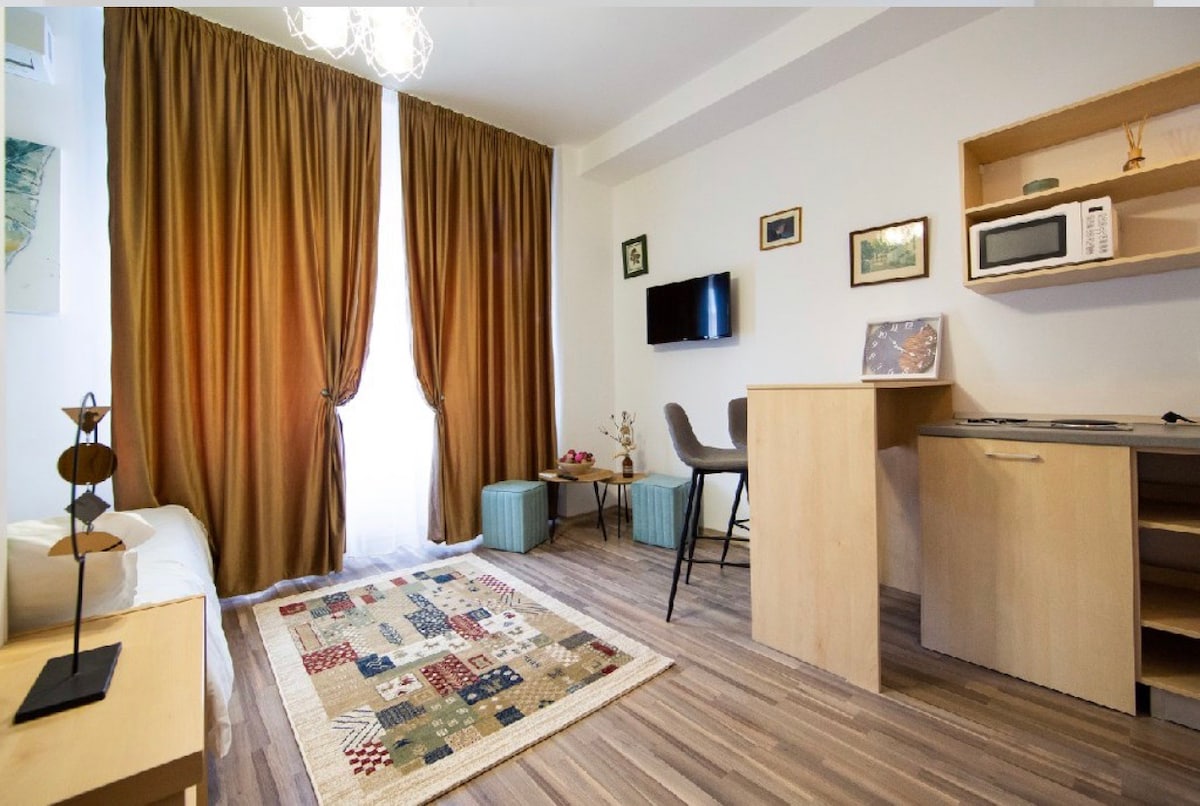 A well-lit living area features warm-toned curtains and a cozy area rug with a colorful pattern. A small kitchenette is equipped with a microwave and two bar stools. A flat-screen TV is mounted on the wall, completing the welcoming ambiance of the space.