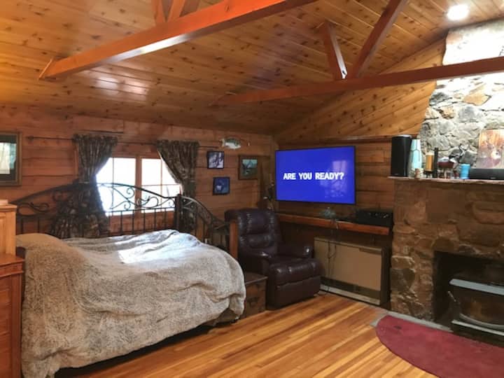 Საწოლი, ტელევიზორი, ბუხარი მთავარ ხის სახლში