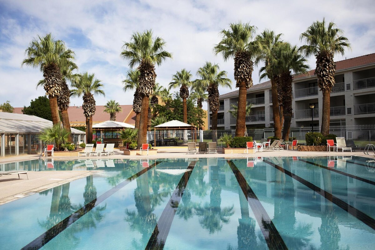 The image showcases a well-maintained pool area surrounded by palm trees, with lounge chairs lined along the edges. Umbrellas provide shade, and a distant clubhouse can be seen in the background. The water reflects the sky, creating a serene outdoor space.