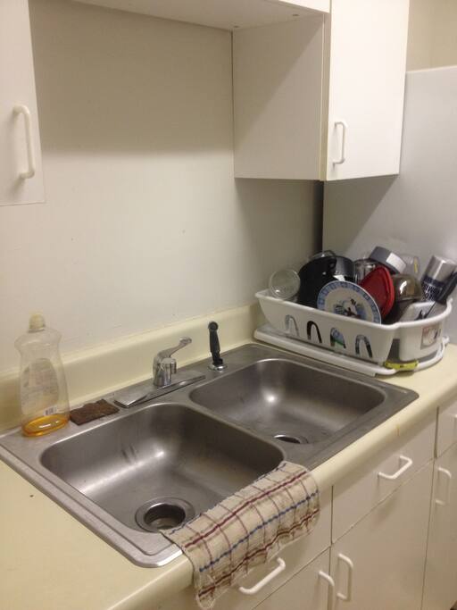 Stainless steel dual dish sink.