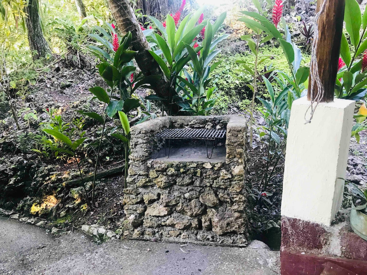 A rustic stone barbecue grill is situated among vibrant tropical plants. The grill features a metal grating, surrounded by lush greenery that adds a natural feel to the space. The path leading to the grill is lined with smooth stones.