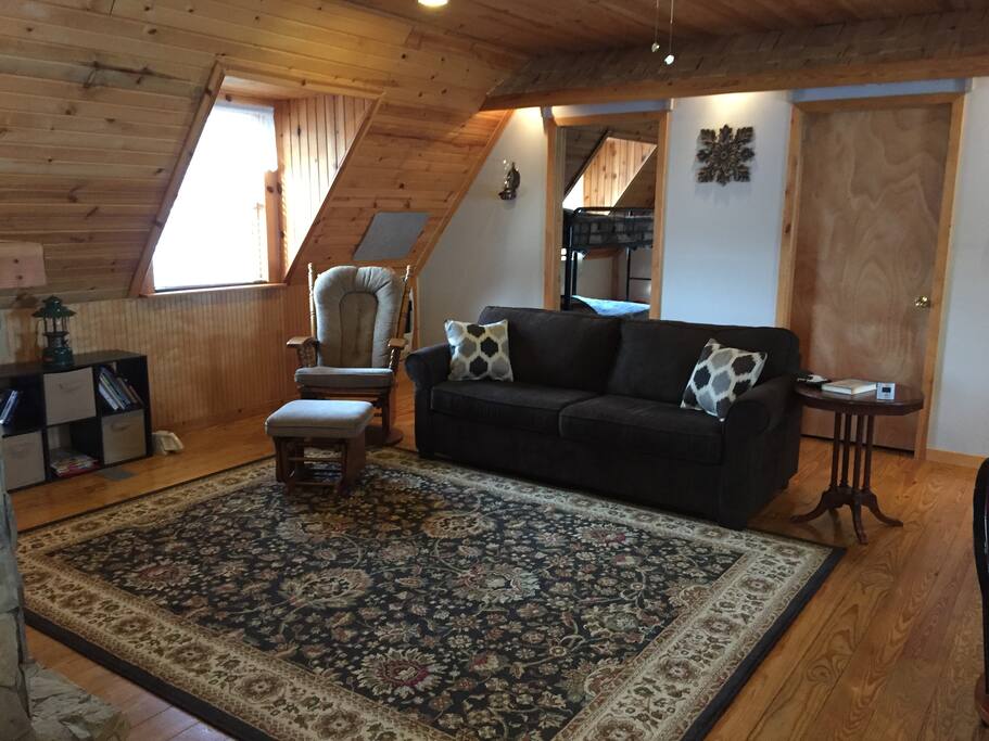 Living area with queen sized pullout couch