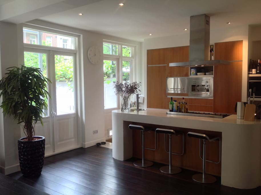 Big open kitchen with fireplace