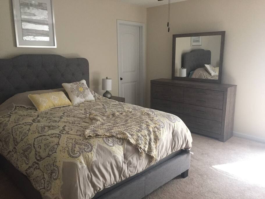 Queen memory foam topped bed. Bedding is subject to change based on season or laundry.