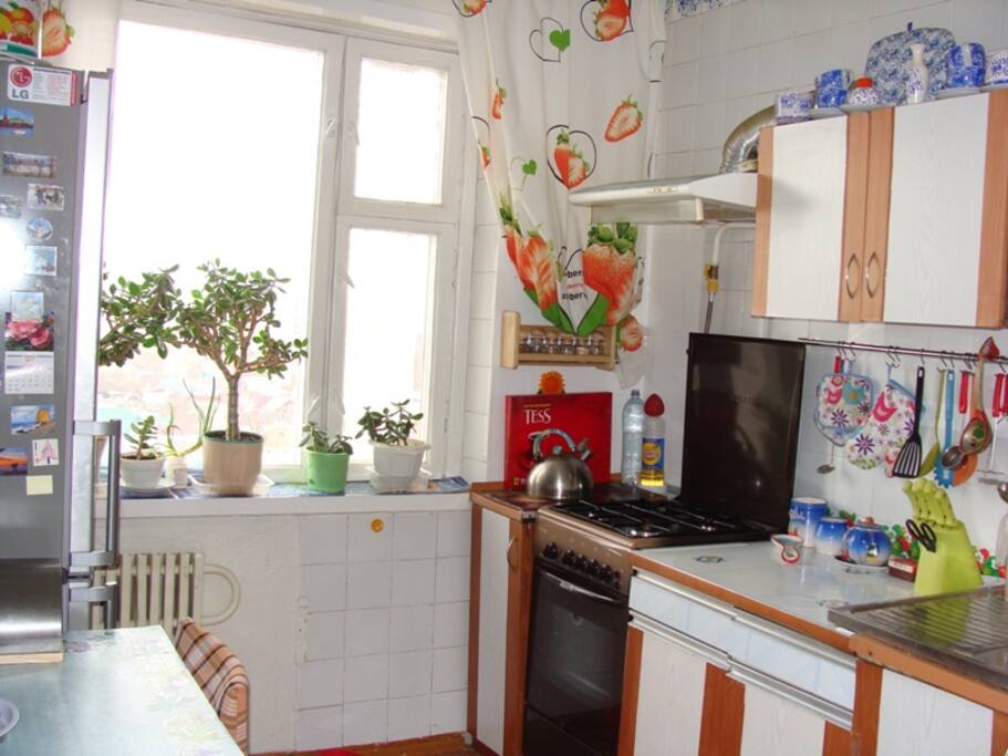 Это просторная кухня, где Вы сможете позавтракать, приготовить себе обед и ужин и положить свои продукты в холодильник = This is a spacious kitchen where you can have breakfast, cook your own lunch and dinner and put your food in the fridge