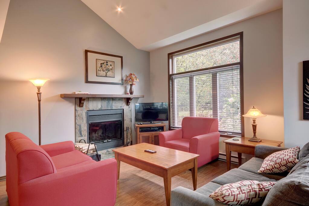 Living room with wood fireplace
