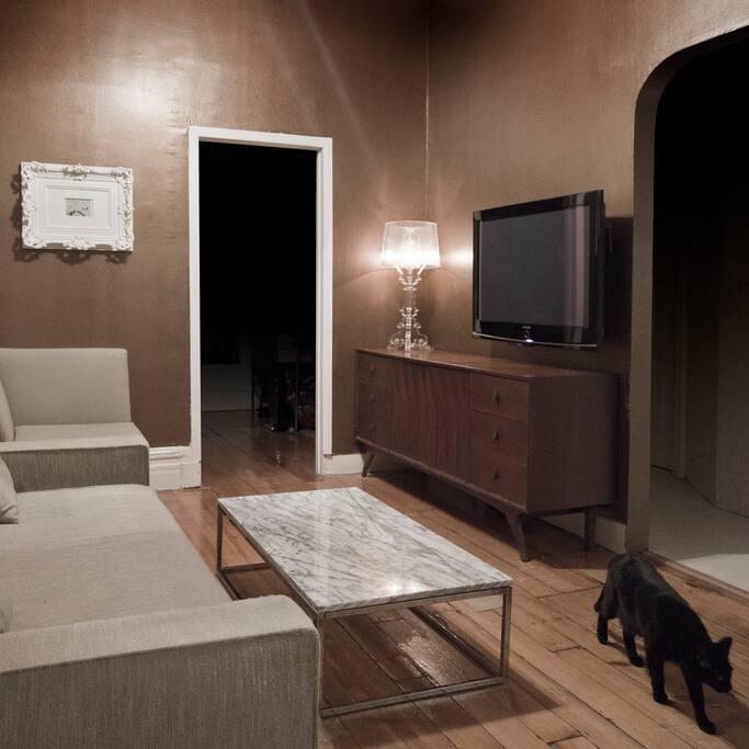 Living Room w/ seating by DWR, featuring modern marble bar, marble coffee table, mid-century credenza, Apple TV, PS4, FiOS Cable TV and DVR w/ HBO, etc. Not shown in this photo: the sofa is now covered in green Maharam upholstery and the TV has been upgraded to a 55" 4K Sony w/ soundbar.