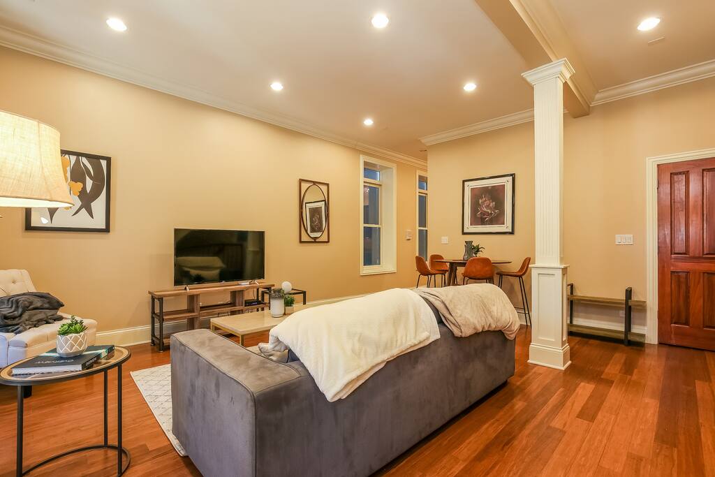 Lounge and share some laughs with friends around the television.
