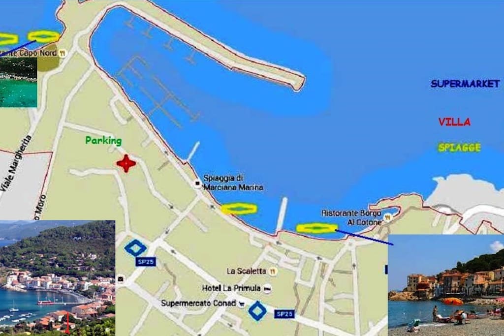 Village map and villa position.
Mappa del paese e posizione della villa.