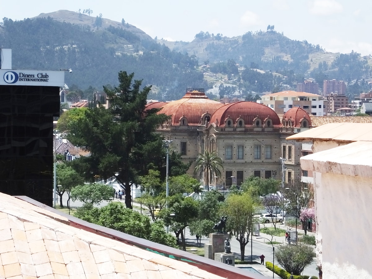 A view of the city reveals a grand building with a distinct curved roof, surrounded by lush trees and vibrant flora. The backdrop features distant mountains, while a modern building is seen on the left side of the image.