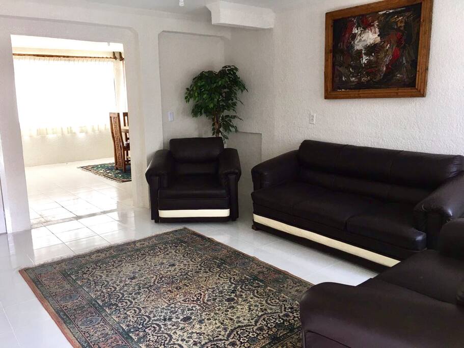 La sala tiene juego de piel y tiene perfecta iluminación