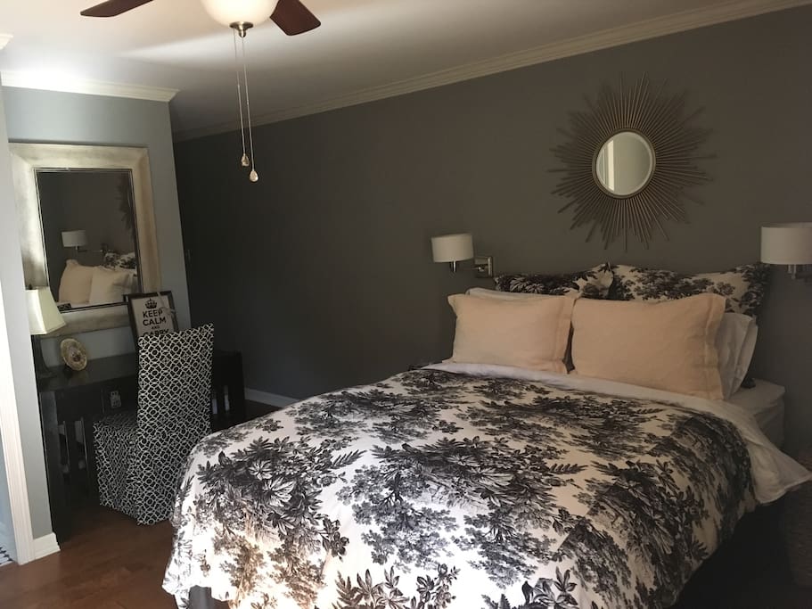Cozy bed and desk area
