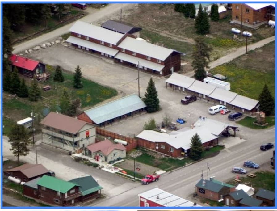 Aerial view, cabin far left corner (red roof).