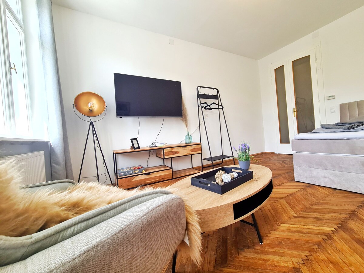A spacious living area features a stylish light fixture beside a modern media console with a television. A contemporary coffee table with decorative items and a potted plant sits in front of a comfortable sofa. Soft textures and warm wood flooring add to the inviting ambiance.