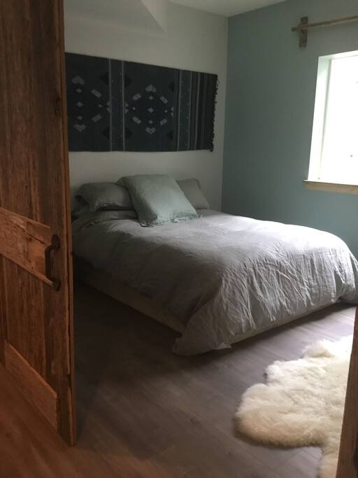 Basement Bedroom with sliding rustic barn doors.
