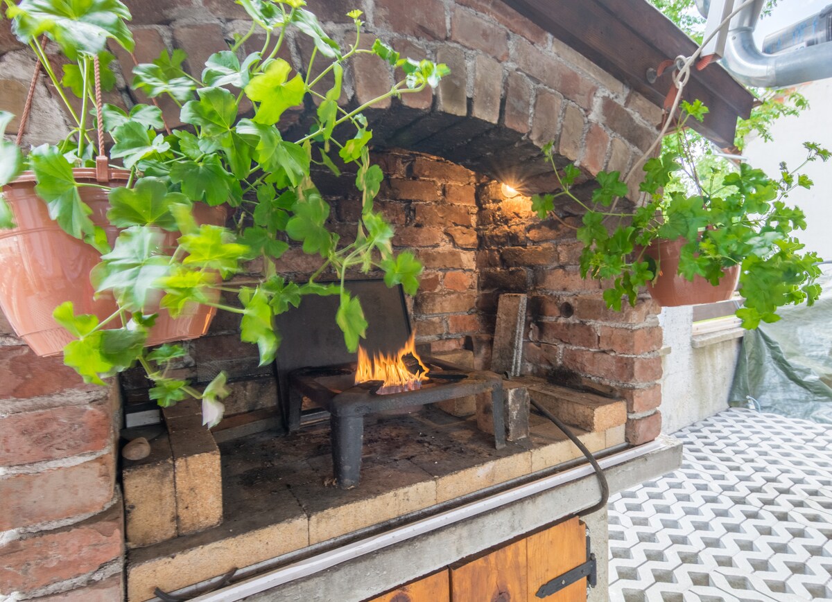 An outdoor brick barbecue area features a built-in grill with flames visible. Potted plants hang from the walls, adding greenery to the space. The ground is paved with patterned tiles, enhancing the overall outdoor cooking experience.