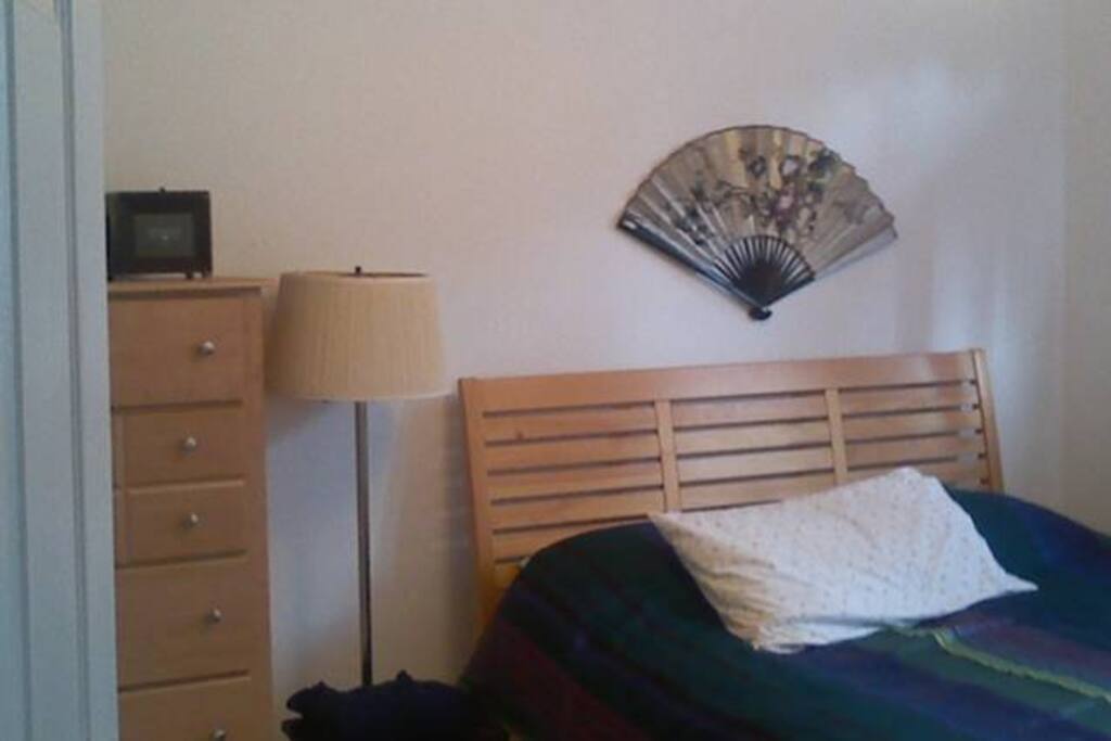 Bedroom with queen bed, desk, dresser and closet space.
