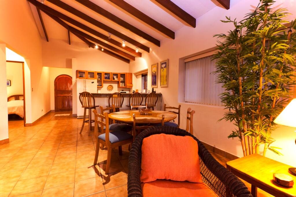 Interior showing kitchen area and living room