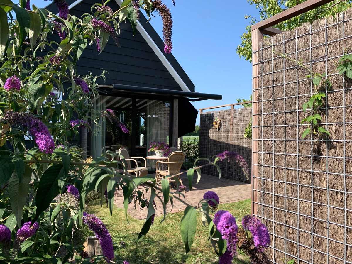 A charming exterior view of the house is framed by flowering plants. A patio area features two comfortable chairs, positioned underneath an awning. A grassy space is visible, with a fence providing privacy. The clear blue sky creates a peaceful outdoor setting.