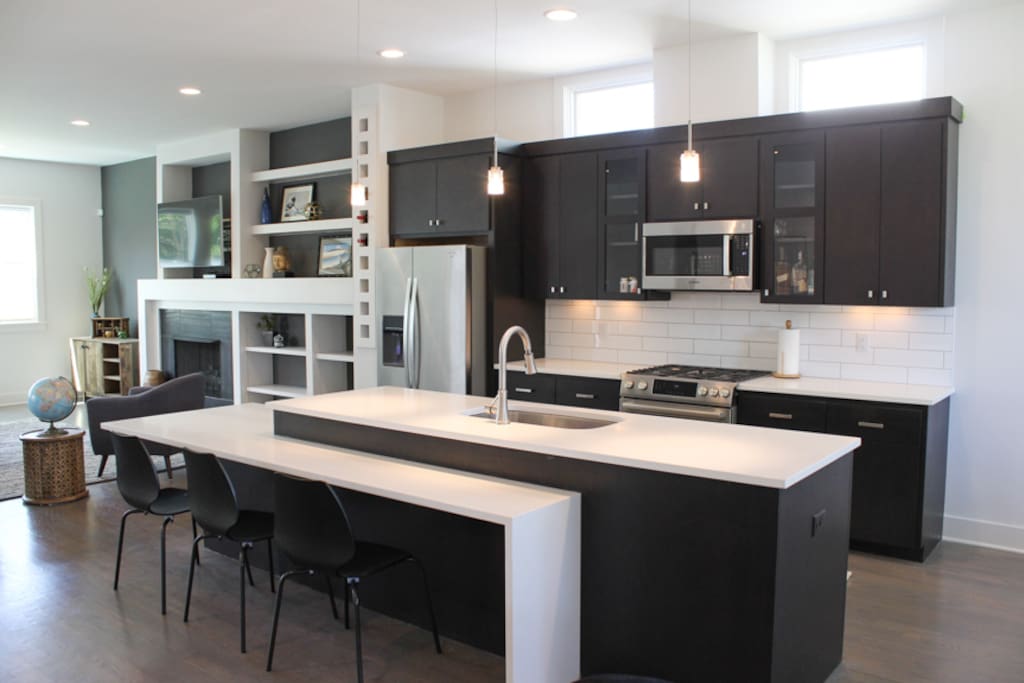 Huge kitchen opens to living area.