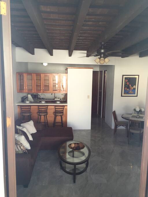 View to the living room and kitchen