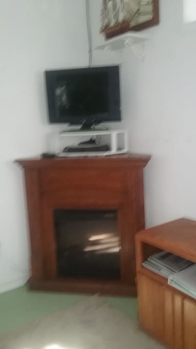 Cozy living room with TV and electric fireplace.
