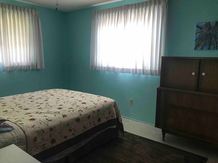 غرفة نوم الضيوف وسرير بحجم كوين وخزانة ملابس وطاولات نهائية وخزانة ملابس.