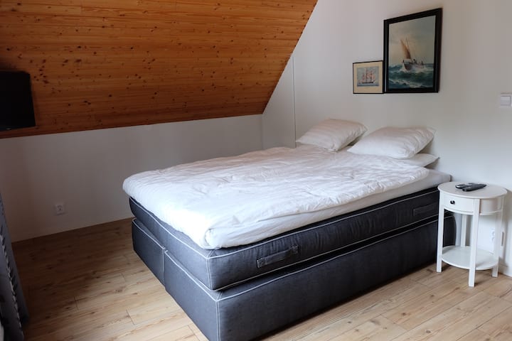 חדר שינה שני עם מיטת קווין סייז ומיטת יחיד בחדר. 