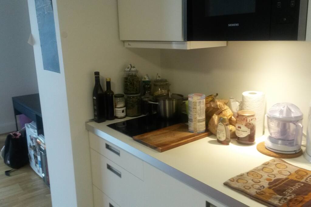 Kitchenet (fridge, microwave, drawers, 2 stoves and kitchen tools)