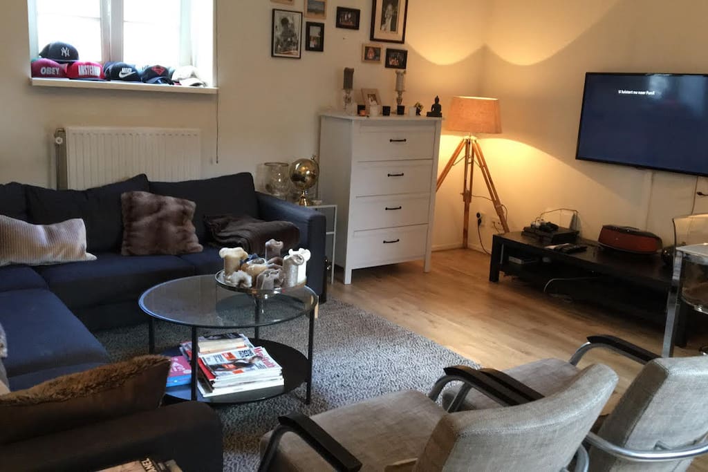 Another look at the living room, including a flat screen TV and a large speaker for music :)