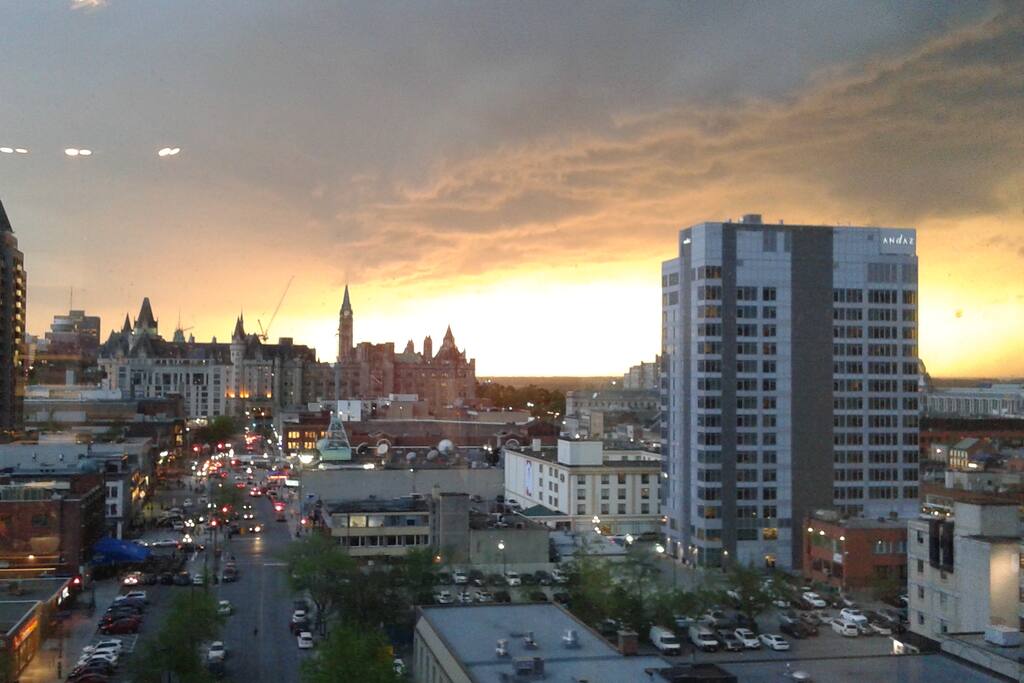 Breathtaking sunset view of the market and parliament from the living room.
