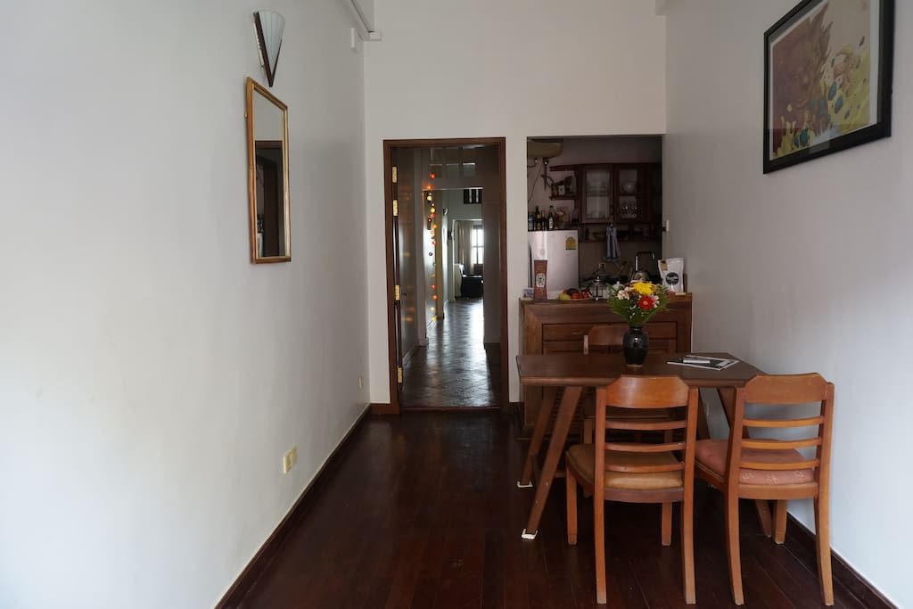 Next to the entrance, looking down the hallway toward the river