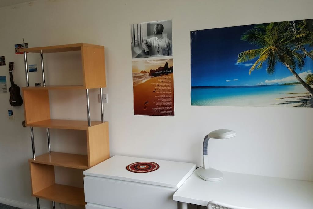 Desk, drawers and shelves.