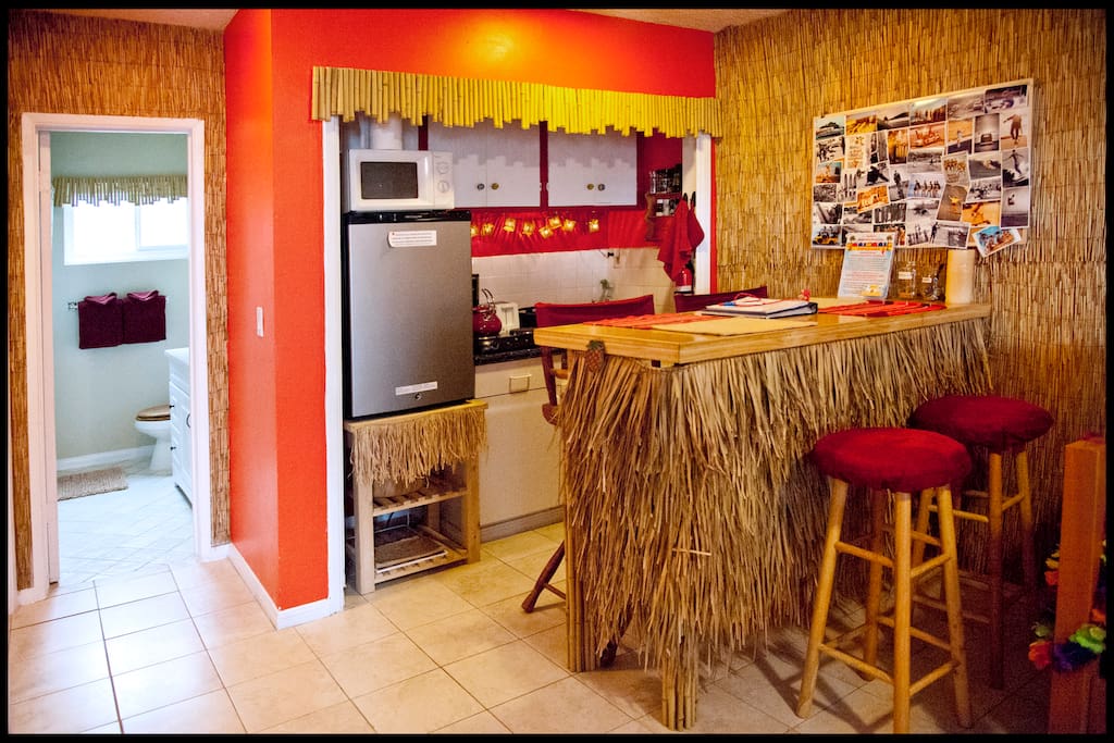 The kitchenette and tiki bar.