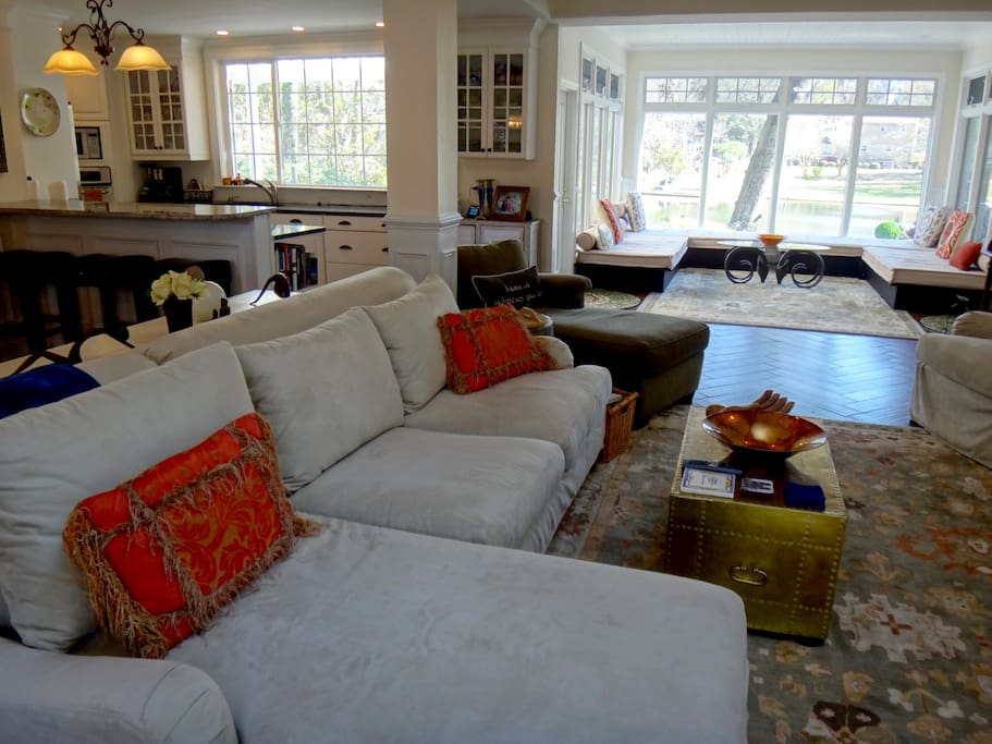 40' long living room with skylight and gas fireplace