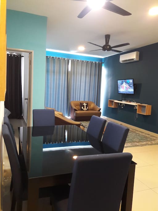 New look cosy living room for your relaxing stay.Painted blue inspired by ocean theme and to reflect calmness and get together family, friends or working buddies.