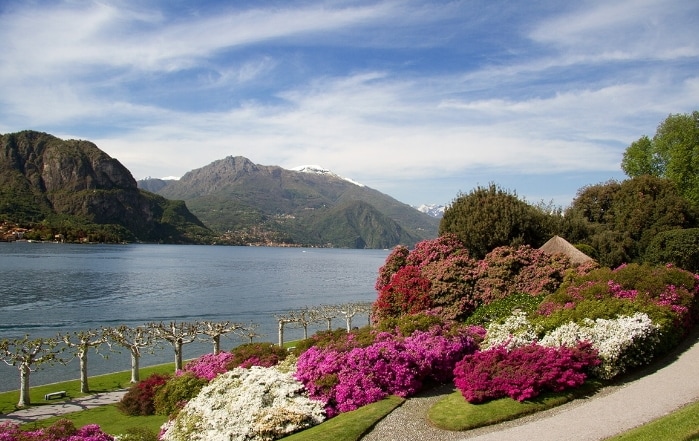 A scenic view of a lake bordered by vibrant flower beds. The colorful blooms include shades of pink and white, complemented by lush green foliage. Mountains rise in the background, partially covered by snow under a blue sky adorned with gentle clouds.