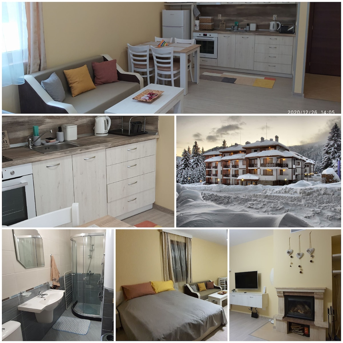 The image showcases a bright studio apartment featuring a compact kitchen with modern appliances, a dining area with white chairs, and a comfortable sofa. A cozy sleeping area is visible, complemented by a bathroom with a walk-in shower. The exterior view displays a winter scene of the hotel complex.