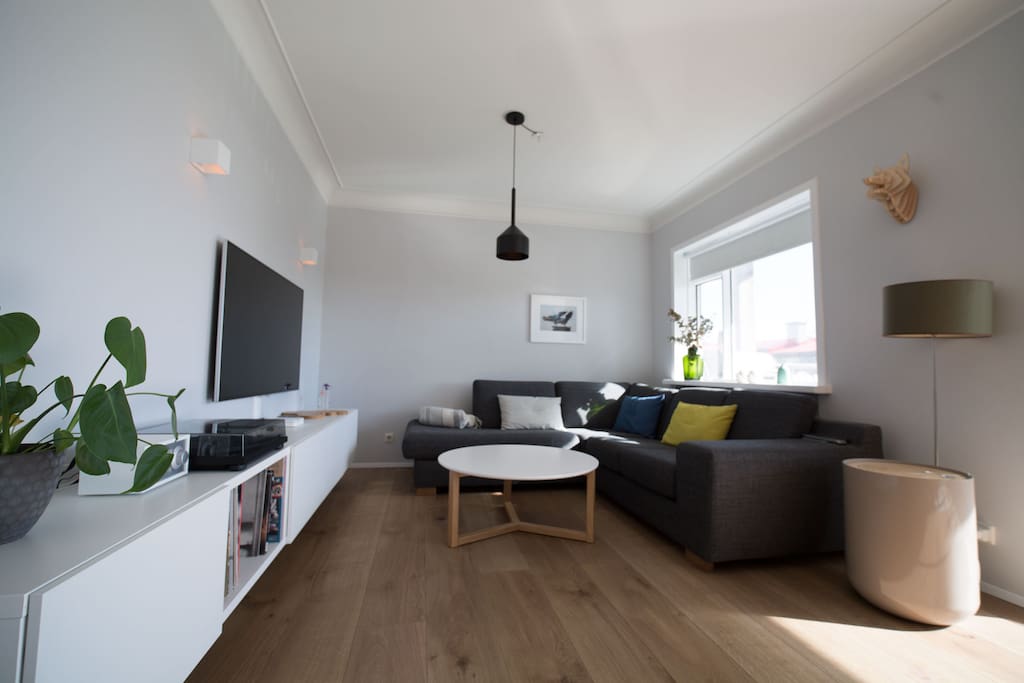 TV area with "55 TV, apple TV, turntable and more.