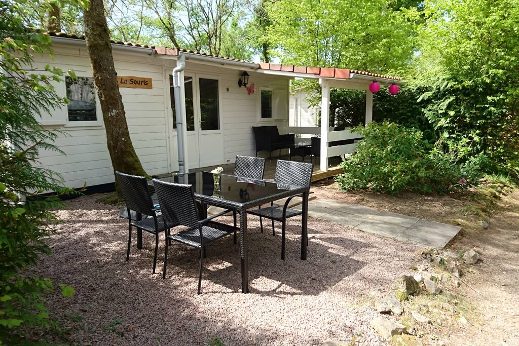 Voorzijde chalet met eettafel