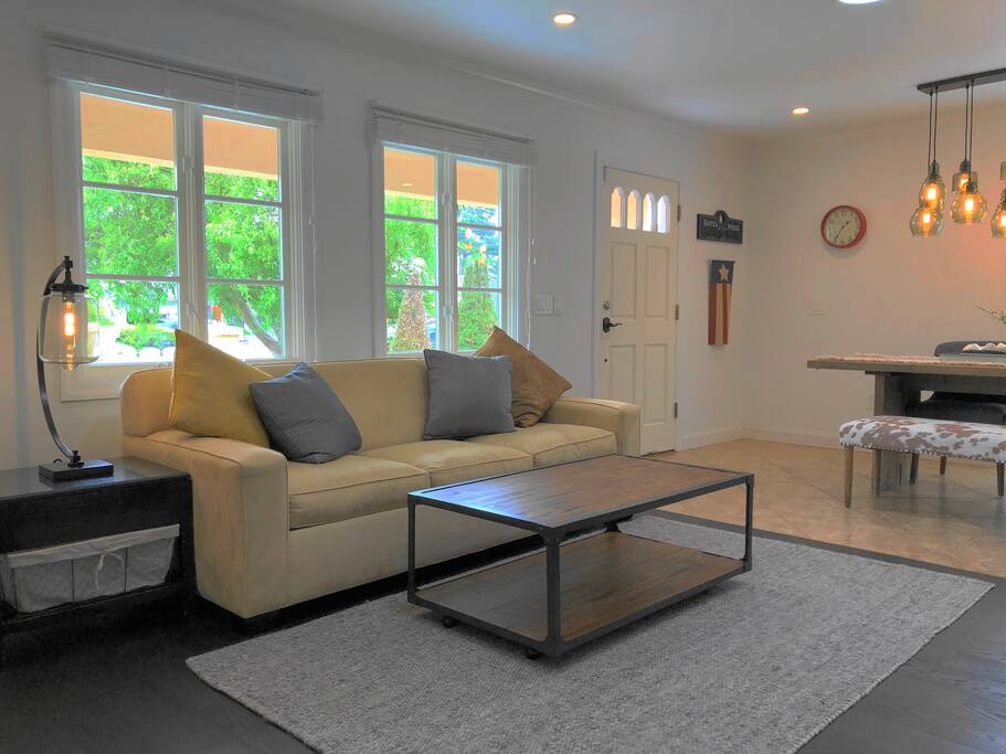 Updated furnishing August 2018. Common space Crate and Barrel Sofa Bed Queen size. Roll away wheeled coffee table. New plush carpet not in picture.