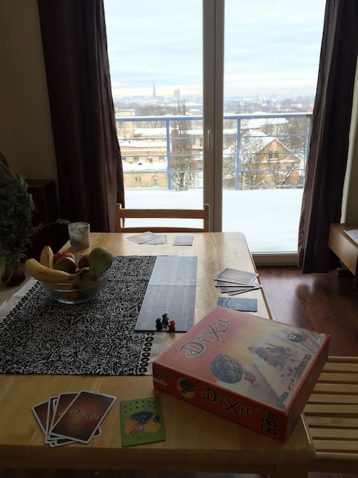 Few board games with comfy table, 3 chairs and amazing view to whole Riga!